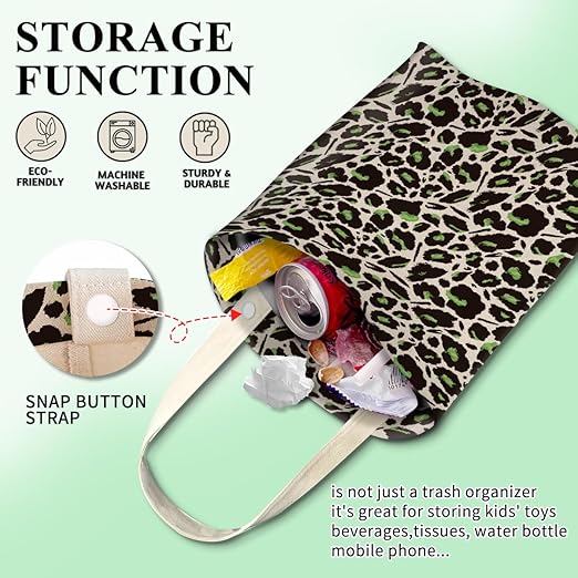Car Trash Can, Cute Car Trash Bag, Hanging Car Organizer and Storage Bag, Trash Bin for Car Accessories, Vehicle, Travelling, Camping Black Green Leopard