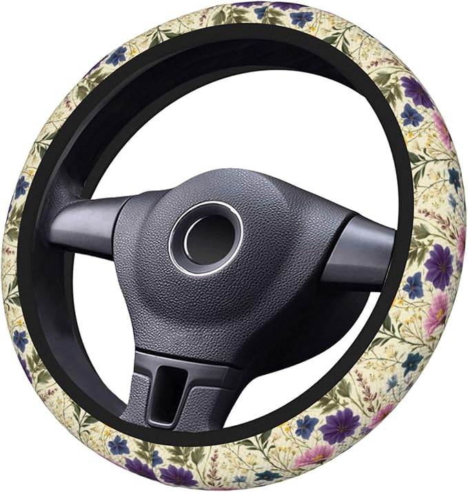 Wildflower Yellow Purple Steering Wheel Cover For Women Men Universal Car Interior Accessories Decor Thickened Anti-Slip Auto Steering Wheel Covers Protector Fit 15 Inch For Cars Truck Suv