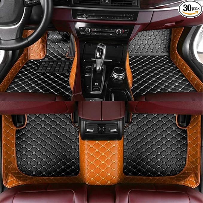 Custom Luxury Leather Car Floor Mats Upgrade Your Car's Interior All-Weather Protection for Cars, SUVs, Trucks Compatible with Automotive Mats (Orange+Black)