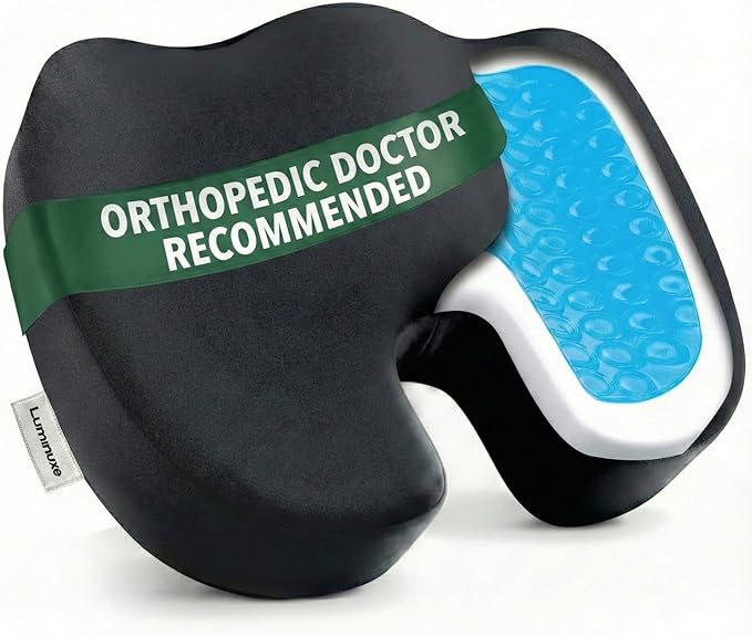Gel Memory Foam Seat Cushion, Cooling Gel Comfort, Chair Cushions for Back & Sciatica Pain Relief, Tailbone Coccyx Support, Office & Car Seat Cushion