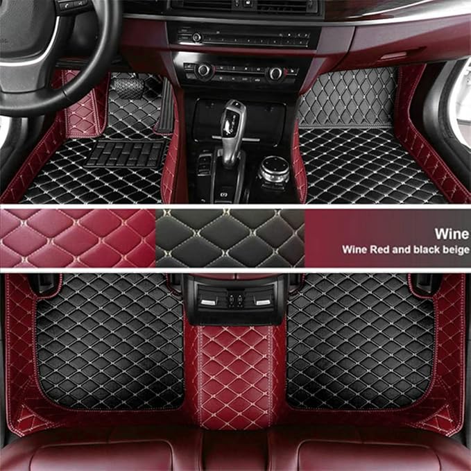 Custom Fit Car Floor Mats for Most Cars, SUVs, Trucks - Waterproof PU Leather All-Weather Floor Liners - Durable Anti-Slip Interior Car Accessories to Protect Vehicle Floors (Wine Red+Black Beige)
