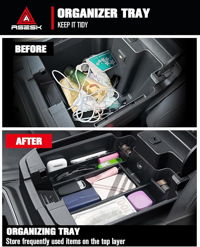 ASZSK for 2019-2022 Chevy Silverado/GMC Sierra 1500& 2020-2023 Silverado/Sierra 2500HD 3500HD Center Console Armrest Organizer ABS Materials