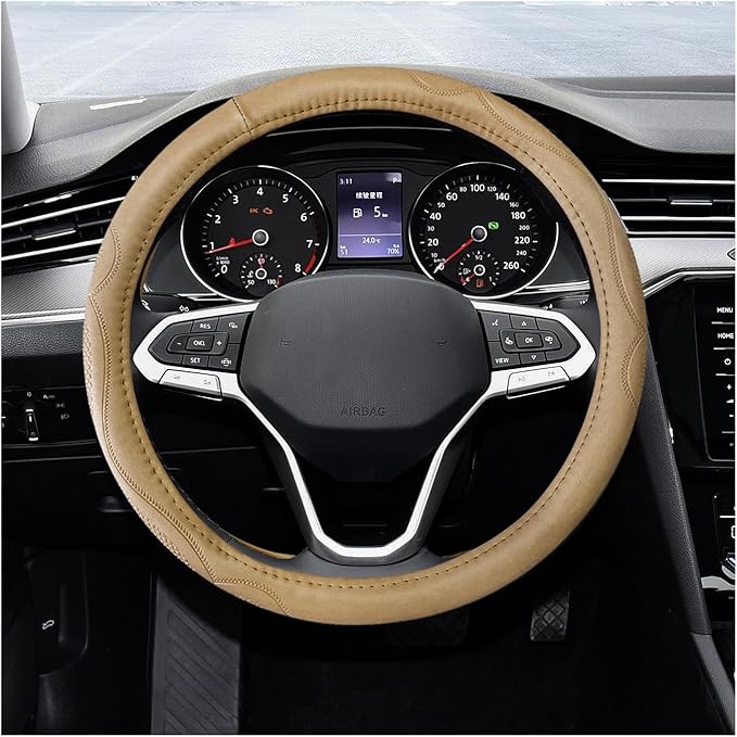 15 Inch Leather Steering Wheel Cover, Breathable Anti-Slip Steering Wheel Protector Cover, Elastic Soft Comfortable Universal Wheel Cover for Men and Women, Car Accessories (Beige)