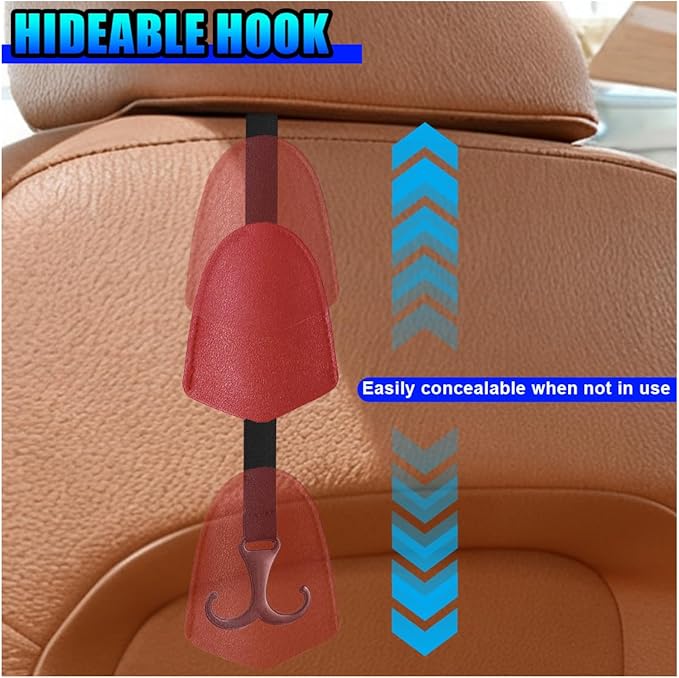 2PCS Car Seat Hooks for Headrest, Leather Car Seat Back Storage Hanger with Double Hooks, Universal Hidden Auto Organization Accessories for Purses, Bags, Umbrellas, Handbags (Red)