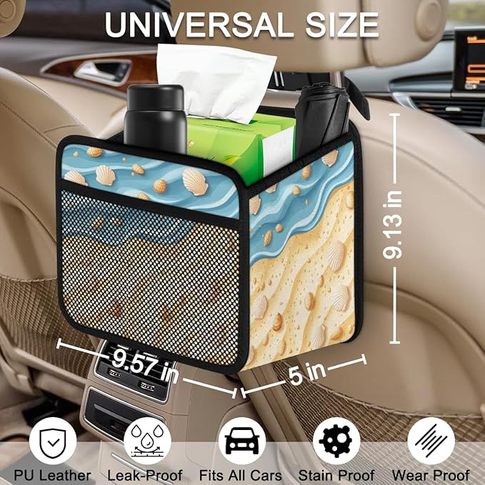 Beach Sea Shell Ocean Car Backseat Organizer PU Leather Automotive Back Seat Storage Bag Universal Hanging Garbage Box Travel Accessories Foldable