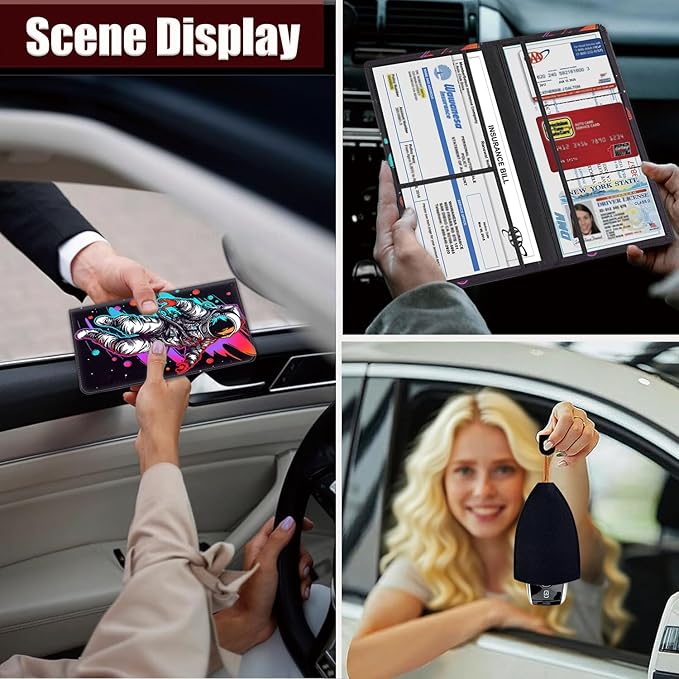 Yuxcfhjfe Car Registration and Insurance Holder, PU Leather Auto Document Holder for Men&Women, Vehicle Glove Box Compartment Organizer with Magnetic Shut for Driver's License, Astronaut Pattern
