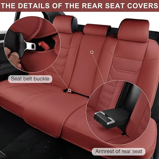 TIEHESYT Wine Red Car Seat Covers Full Set, Breathable Leather Automotive Front and Rear Seat Covers & Headrest for Comfortable Driving, Universal Auto Interior Fit for Most Kinds of Vehicles, Cars