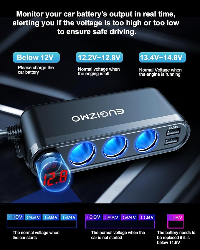 USB Cigarette Lighter Adapter, 200W Car Cigarette Lighter Plug Splitter Adapter USB Charger Extension Cord 3 Socket Way 12V/24V Car Charger Adapte r Splitter Port for Plug Outlet