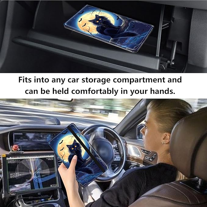 Qindaiwen Car Registration and Insurance Holder, Vehicle Card Document Elastic Band Closure Glove Box Organizer, Driver License Cards, Car Accessories for Essential Info, Cat Moon