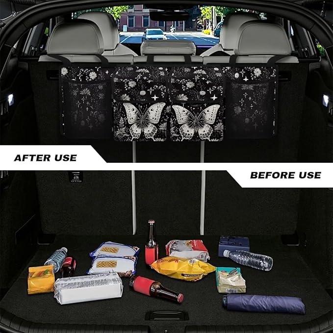 Dreaweet Goth Butterfly Car Trunk Organizer Hanging Back Seat Storage Bag with 4 Pockets,Waterproof Adjustable Large Capacity Collapsible Trunk Organizer for SUV Trucks Sedan