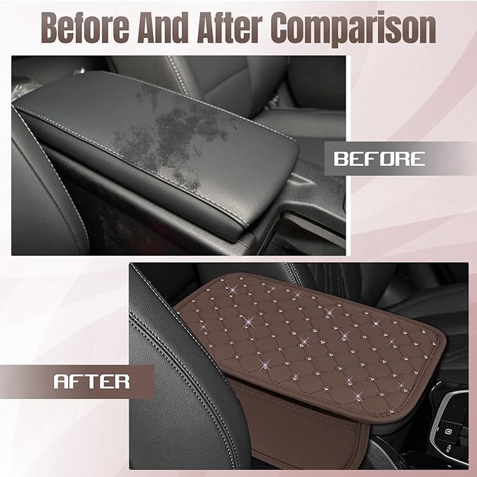 wuyaoyao Bling Car Center Console Cover, 11.81"×7.87" Leather Auto Arm Rest Cover Protector with 2 Storage Bags, Vehicle Crystal Rhinestone Armrest Cushion Pad, Interior Car Accessories (Coffee)