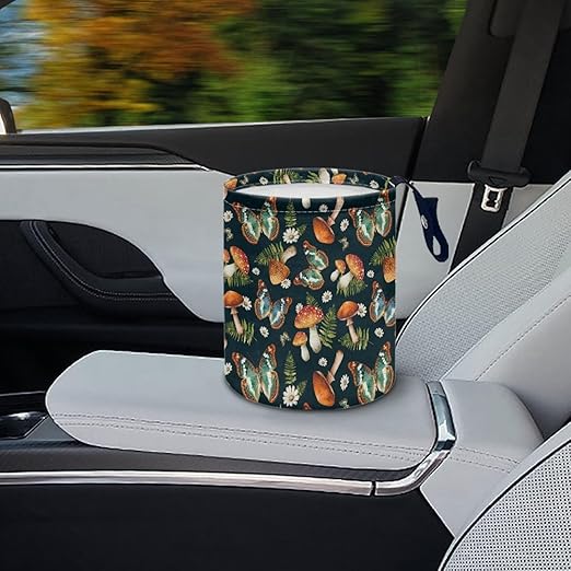 Butterfly Mushroom Cat Car Garbage Can Small Trash Can with Leak Proof Inside Liner and Hanging Strap Car Organizer Portable for Road Trip