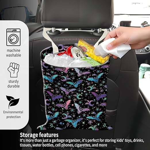 ADQWIOVL Car Garbage Can, Seat Back Hanging Cute Car Trash Can Bag, Car Organizer and Storage Bag for Travelling, Outdoor Cute Colorful Bats