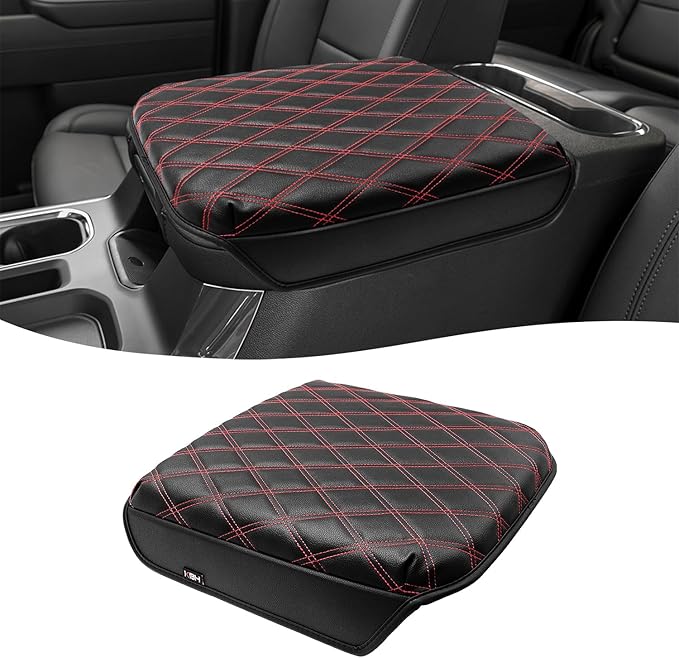 KBH Center Console Armrest Cover for Chevy Silverado & GMC Sierra 2019-2026, Tahoe & Suburban & Yukon 2021-2026 Bucket Seat, Vinyl Leather Trim, Black-Red Double Stitch