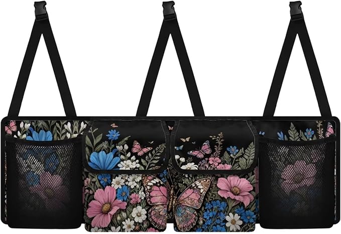 Car Trunk Organizer, Large Auto Backseat Hanging Organizer, Thick Backseat Storage Bag with Pockets, Car Trunk Tidy Storage Bag with Lids Decoration,Black Floral Butterfly Garden