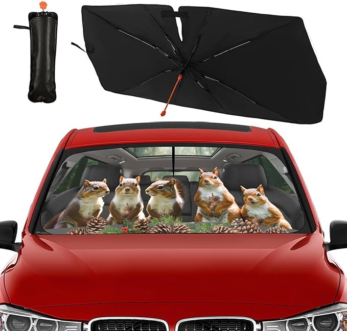 DOPINDU Funny Animal Squirrel Car Windshield Sun Shade Umbrella Bendable Handle Foldable Squirrel Sunshade for Car Windshield Block UV Rays Keep Vehicle Cool for Most Sedans SUV Trucks Cars 57"x30"