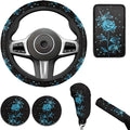 Blue Rose Print 6pcs Car Steering Wheel Cover Set for Men Women Dragonfly Cup Coaster Handbrake Gear Cover Armrest Cover Fits Most Cars Trucks Vans SUV