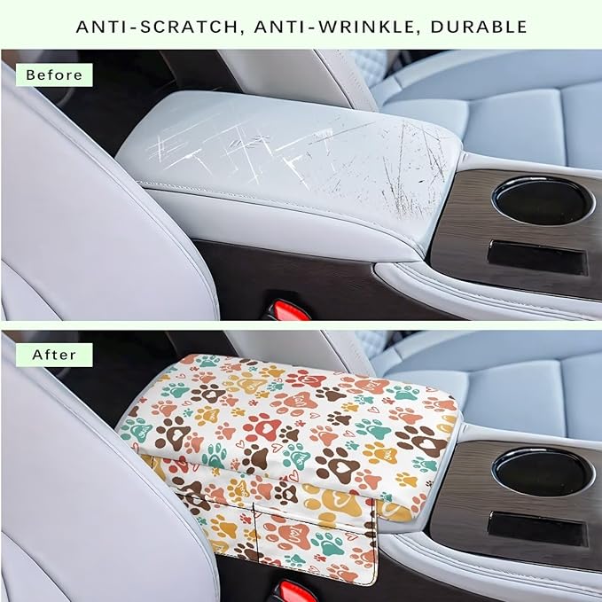 Dreaweet Dog Paw Center Console Armrest Pad Cover Thick Arm Rest Cover for Car Cute Car Accessories for Women Scratch Proof Comfy Car Center Console Cushion Pad with Pockets