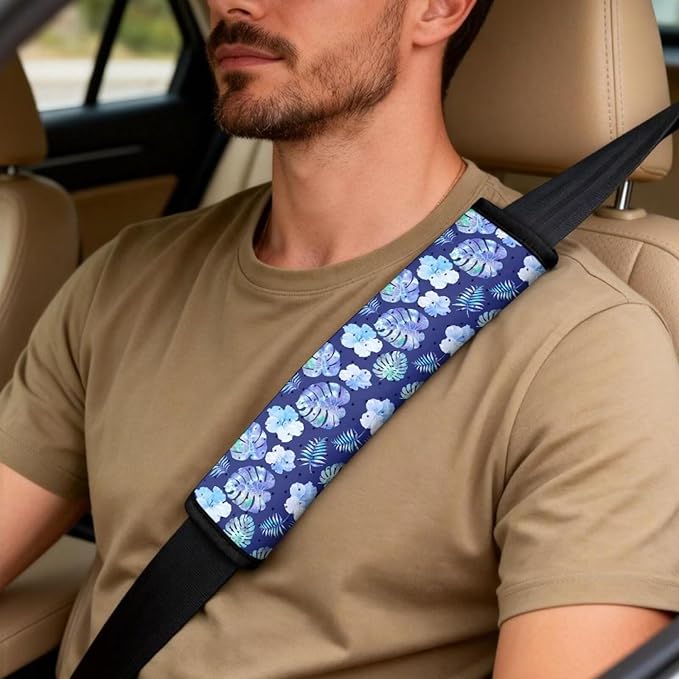 FUSURIRE 5 PCS Tropical Palm Leaf Car Accessories Set-PU Front Seat Covers, Seat Belt Covers & Center Armrest Pad Universal Fit Car SUV Truck Van