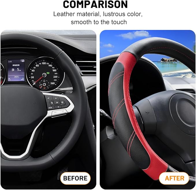 Car Steering Wheel Cover, 15 Inch Carbon Fiber Leather Non-Slip Steering Wheel Protector with Lining, Breathable Automotive Interior Accessories, Universal for SUV RV Truck (Red)