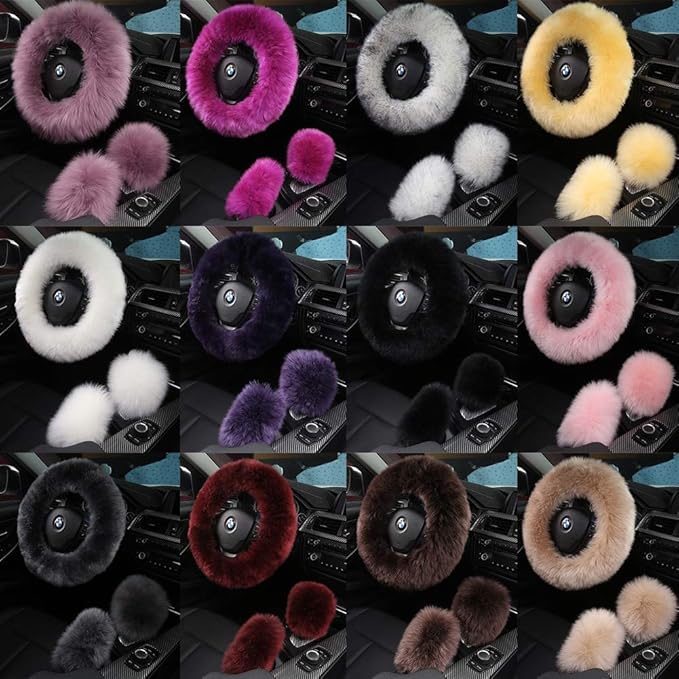 3Pcs Set Fashion Fluffy Fuzzy Wool Fur Soft Steering Wheel Cover with Handbrake Cover & Gear Shift Cover for Women Girls Car Decoration Long Wool Accessories 14 1/2-15 1/2 inchs (Steel)