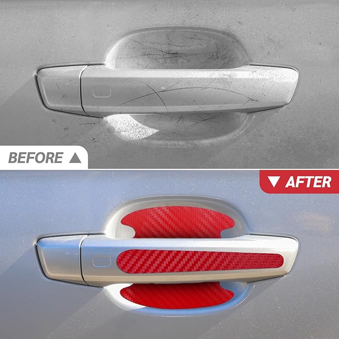 8PCS Carbon Fiber Car Door Handle Scratch Protectors, Universal Paint Guard Sticker for Door Handle Bowl, Fits Most Cars, Trucks, SUVs (Red)