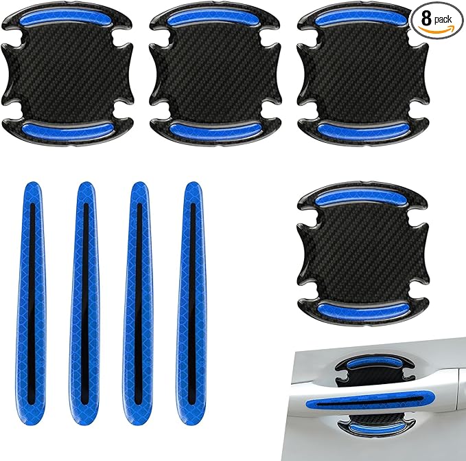 8 PCS Car Door Handle Protector Sticker, PVC Carbon Fiber Reflective Door Bowl & Handle Decoration Decal, Anti-Scratch Car Handles Sticker, Universal for Most Cars (Blue)