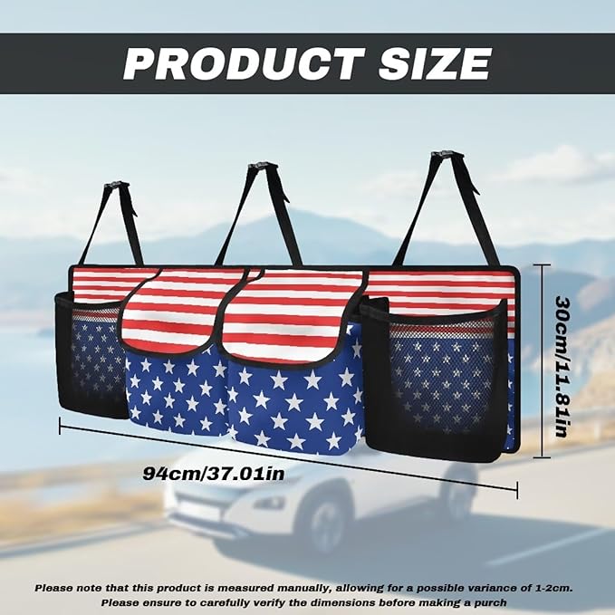 American Flag Car Trunk Organizer, Backseat Hanging Large Storage with Adjustable Straps & 4 Pockets, Waterproof Collapsible Cargo Bag, Car Interior Accessories for SUV, Truck, Van