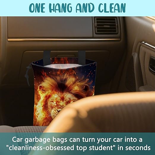 KXWQTRDD Car Garbage Bag Firce Lion Burning Flame Hanging Canvas Car Trash Bag Drawstring Car Back Seat Organizer for Car Back Front Seat Console with Adjustable Buckle