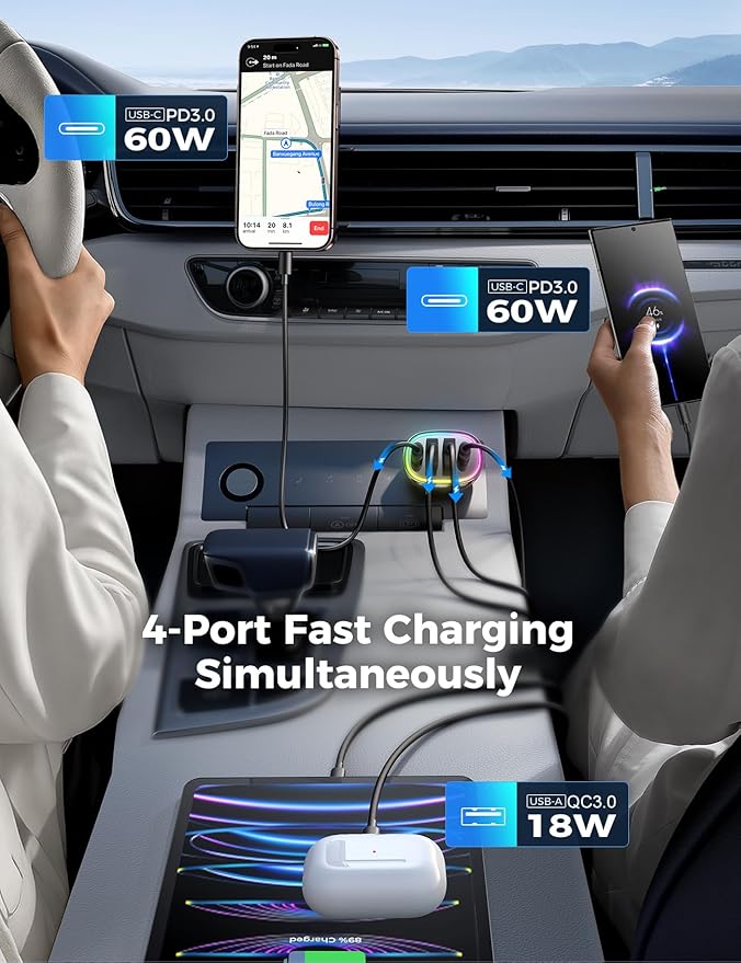 120W for iPhone 17 Pro Car Charger USB C, 4-Port Car Charger Fast Charging, PD&QC3.0 Type C Car Phone Charger, Cigarette Lighter Adapter, Car Accessories for iPhone 16 16e 15 17 Air Pro Max, Samsung