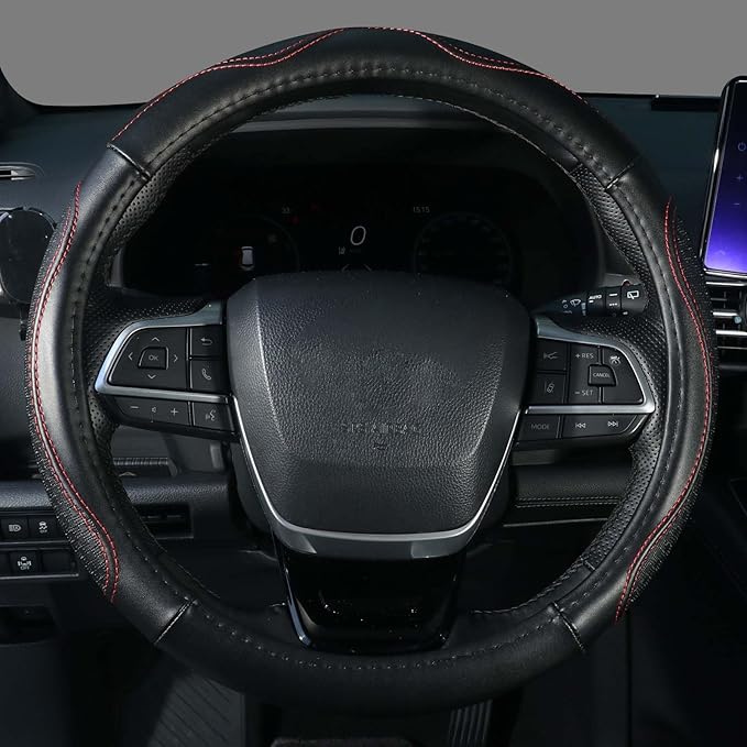 KAFEEK Genuine Leather Steering Wheel Cover 15 inches, Pure Cowhide Steering Wheel Cover Men Women, Car Accessories for Car SUV Truck, Black with Red line