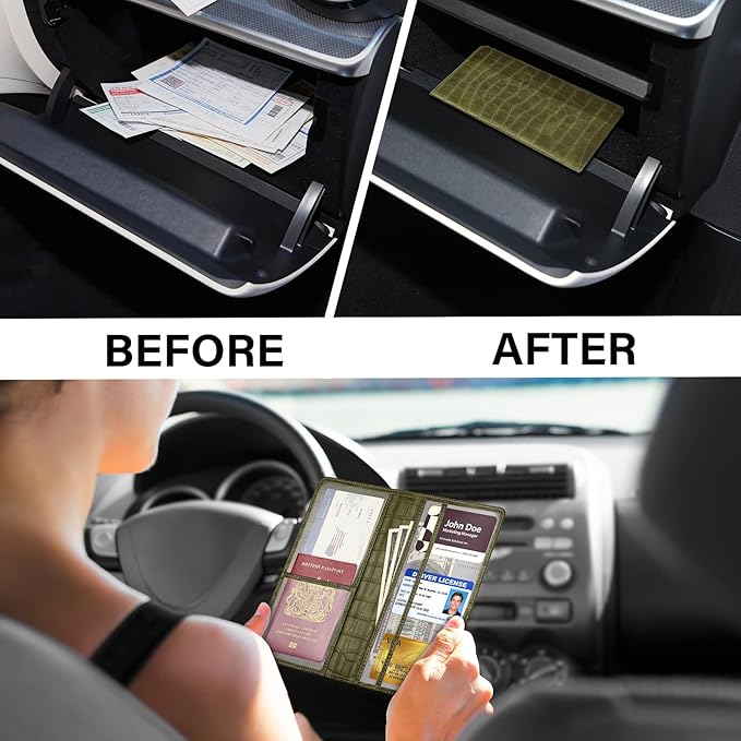 Car Registration and Insurance Holder, Olive Green Vehicle Glove Box Car Organizer with Magnetic Closure for Documents, Cards, License Car Organization, 1 Pack