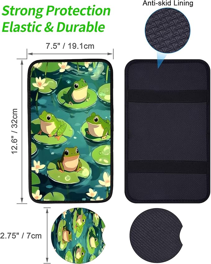 JANENFNA Car Armrest Cover Pads Universal Fashion Cute Auto Center Console Armrest Cover Pad with 2PCS Car Coasters Soft Waterproof Car Armrest Seat Protector for Women,Cute Frog on Lotus Leaf a