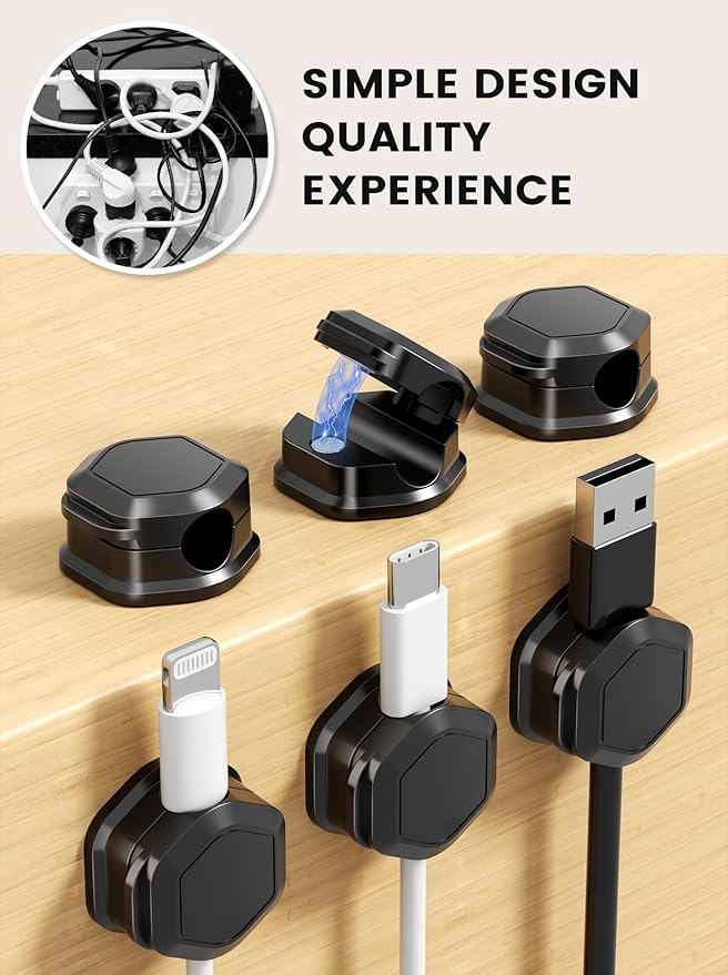 6 Pack Magnetic Cable Clips, Cable Holder Clips, Cable Smooth Adjustable Cord Organizer Holder, Strong Adhesive Wire Charger Holder for Desk, Office Supplies