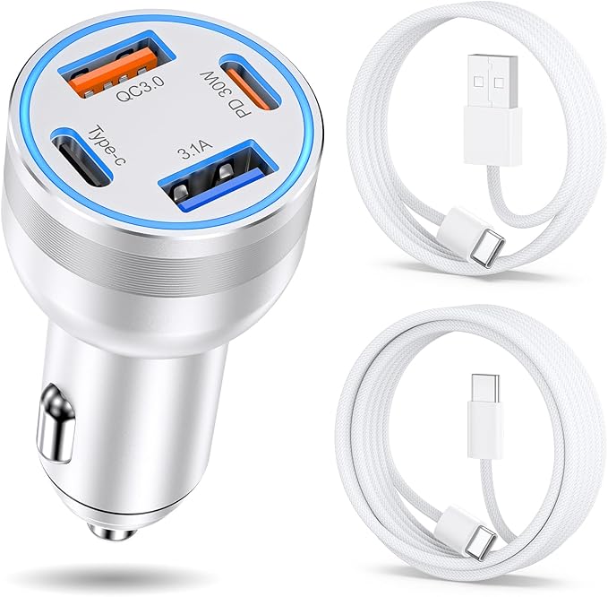 65W Car Charger for iPhone 17/16 Pro Max, 4 Port USB C Car Charger Fast Charging with 2Pack USB C Cables,Fast Car Phone Charger Cigarette Lighter Adapter for iPhone 17 16 15 Pro Max,iPad,Galaxy