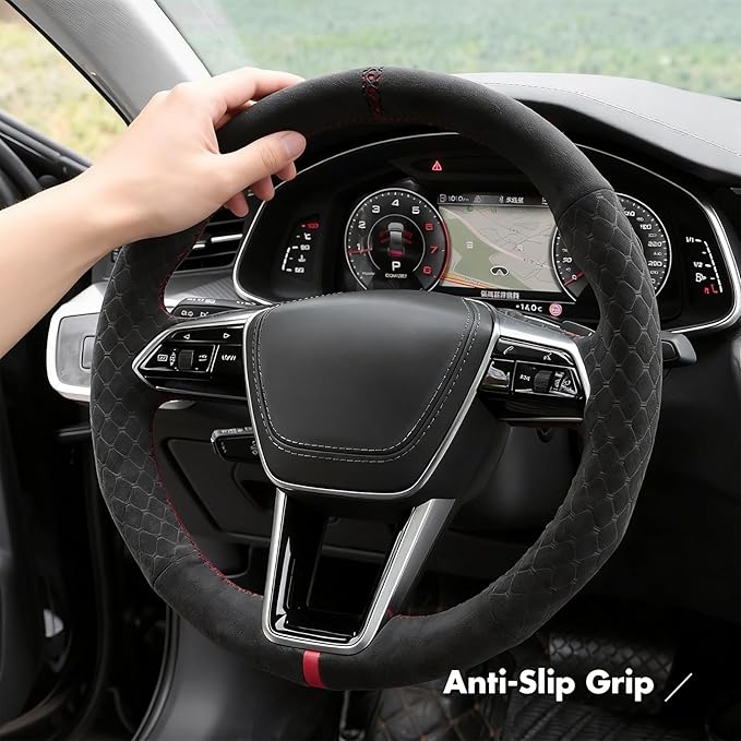 MEWANT Hand Stitch Steering Wheel Cover for Audi A6 2019-2022 A6 Allroad 2020-2022 A7 2019-2022 RS 6 Avant 2021-2022 RS 7 2021-2022 S6 2020-2022 Black 9040 IT-Alcan Suede DIY Interior Accessories