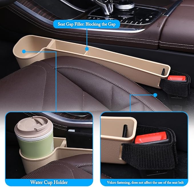 Car Seat Gap Filler, Multifunctional Seat Side Gap Filler with Cup Holder & Organizer, Gap Stopper Universal Fit Car SUV Truck Fill The Gap Between Seat & Console Set of 2 (Beige)