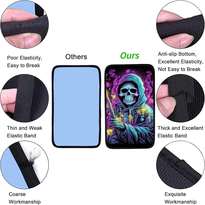 JANENFNA Car Armrest Cover Pads Universal Fashion Cute Auto Center Console Armrest Cover Pad with 2PCS Car Coasters Soft Waterproof Car Armrest Seat Protector for Women,Skull Death