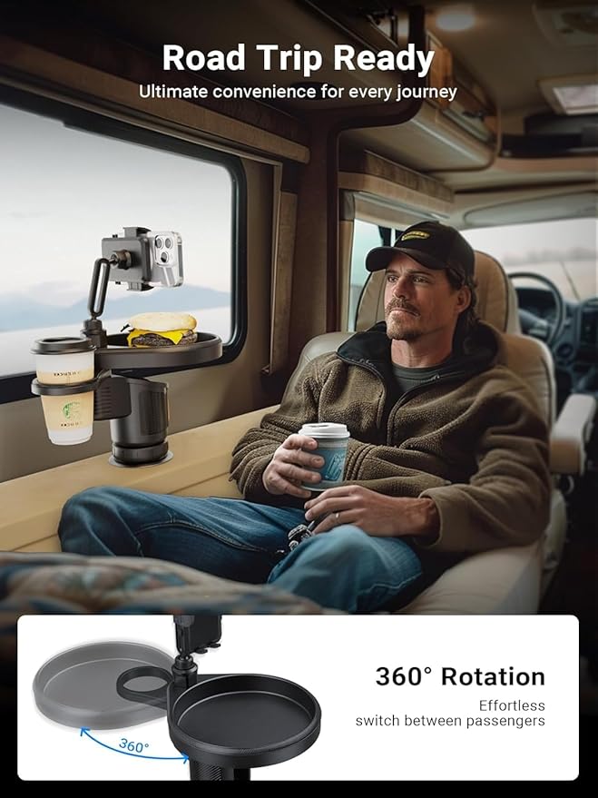 Upgraded 4-in-1 Car Cup Holder,Car Tray,Dual Cup Holders,Phone Mount,360° rotatable car Tray and Phone Expander,All in one Road Trip Essentials