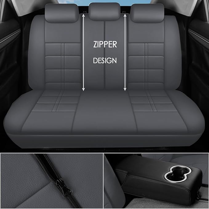 crossmiles Faux Leather Car Seat Covers Full Set, Foam Seat Cover for Car, Universal Car Seat Protector with Waterproof and Breath Fit for Cars, Trucks, SUV, Vans (Grey Square)