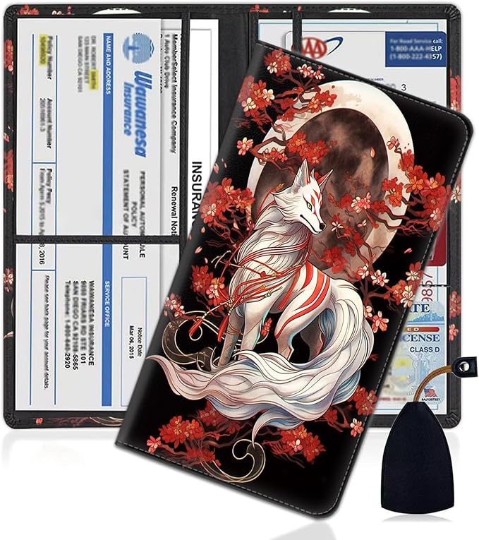 Car Registration and Insurance Holder, PU Leather Auto Document Holder for Men&Women, Vehicle Glove Box Compartment Organizer with Magnetic Shut for Driver's License, Sakura Nine Tailed Fox Animals