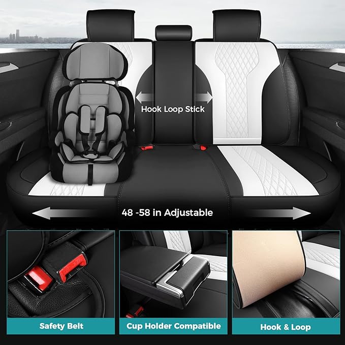 FEINEPRO Leather Car Seat Covers Full Set, Breathable Faux Leather Seat Covers for Cars SUV Sedan Waterproof Blackwhite