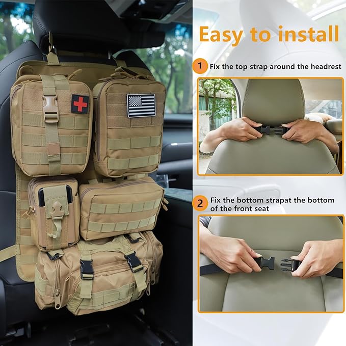 truck seat organizer and storage tactical car back seat back organizer with a Molle Vehicle Panel and 5 Different Size Molle Pouches for most models such as Jeep,SUV,Pickup (Khaki)