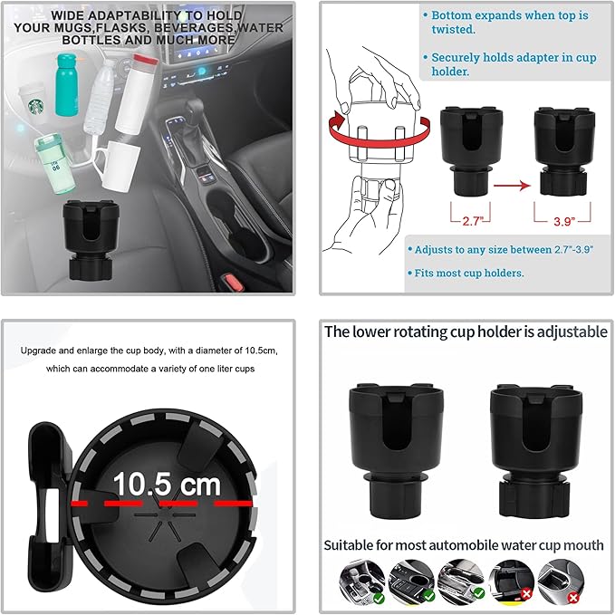 Large Size Car Cup Holder Expander with Cell Phone Holder Adjustable Base U-Shaped Slot Cup Holder Adapter Compatible with All Kinds of Cups and Bottles