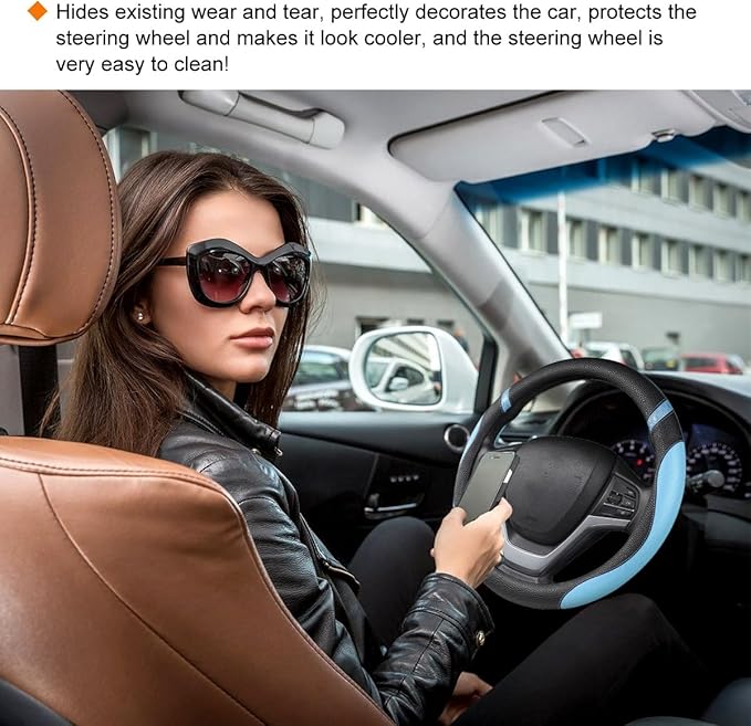 Car Steering Wheel Cover, Non-Slip Leather Auto Steering Wheel Protector, Comfortable Steering Wheel Cover Protector for Most Cars, Universal Interior Car Accessories (Blue)