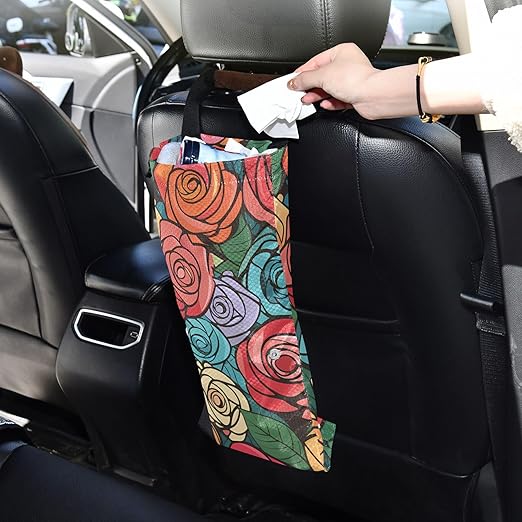 ALAZA Hanging Car Trash Bags Garbage Bag Trash Can for Back Seat Small Roses Abstract Washable Storage Bag Retractable 2 Pack