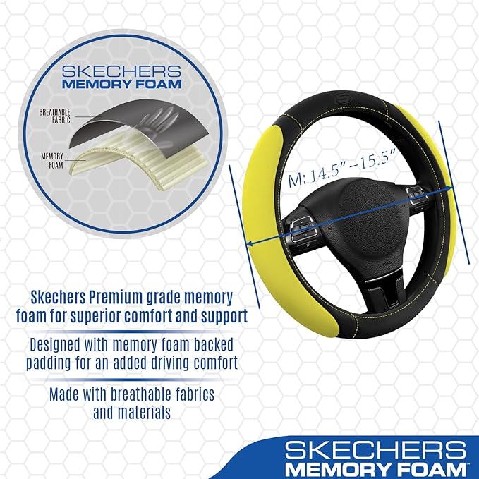 Skechers Steering Wheel Cover, Memory Foam Car Steering Wheel Cover,14.5-15inch Anti-Slip Safety Comfortable Desgin, Universal Accessory for Diverse Cars, Truck,SUV (Black & Yellow)