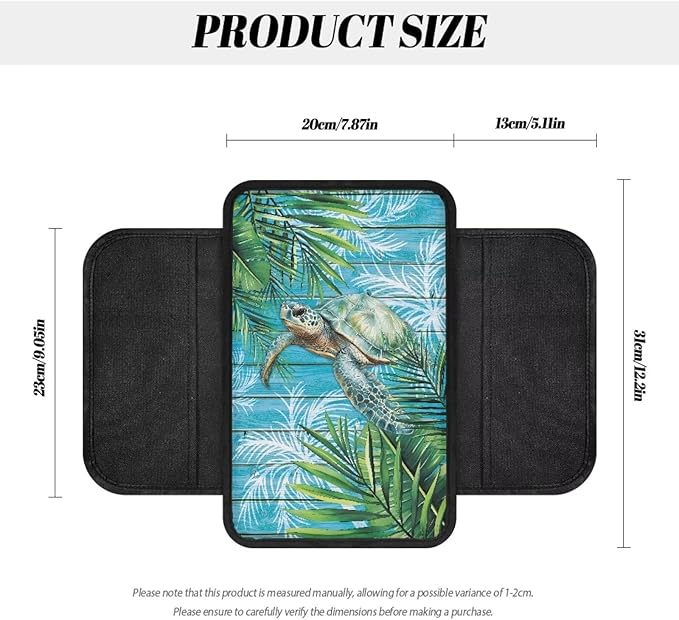 Dreaweet Tropical Leaf Print Car Armrest Cover Sea Turtle Car Accessories Center Console Cover with Pockets,Soft Arm Rest Cover for Car SUV Truck Sedan Van