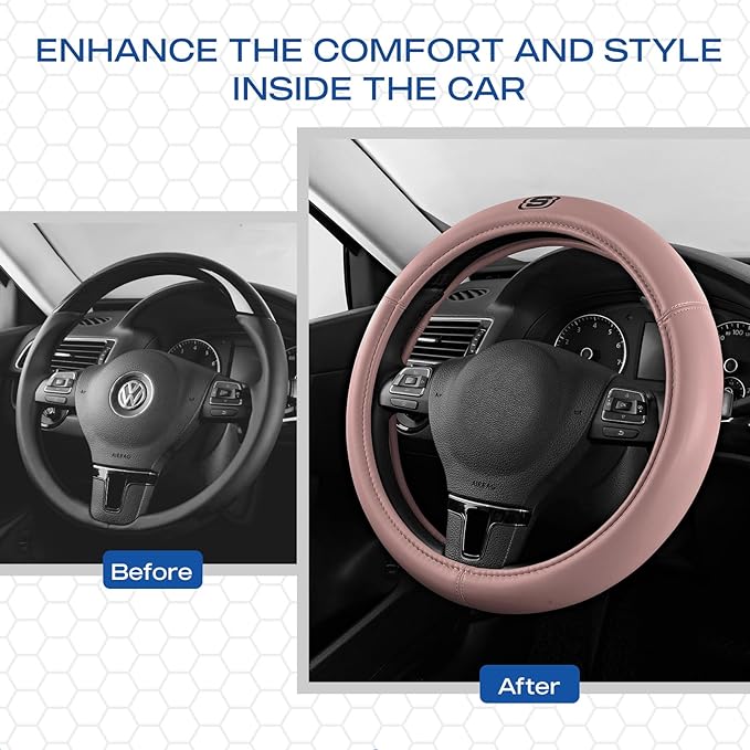 Skechers Memory Foam Pink Steering Wheel Cover,Grade Protein Leather Steering Wheel Cover,Universal Fit 14" 1/2-15" Car Wheel Cover for Women Stylish Decor Gifts Fit Suvs,Vans,Sedans,Car,Trucks,Pink