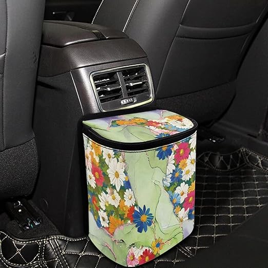 Hippie Flower Green Marble Car Trash Can Bin with Lid,Colorful Groovy Flower Hanging Automotive Garbage Cans Portable Waste Basket Automotive Interior Organizer Accessory